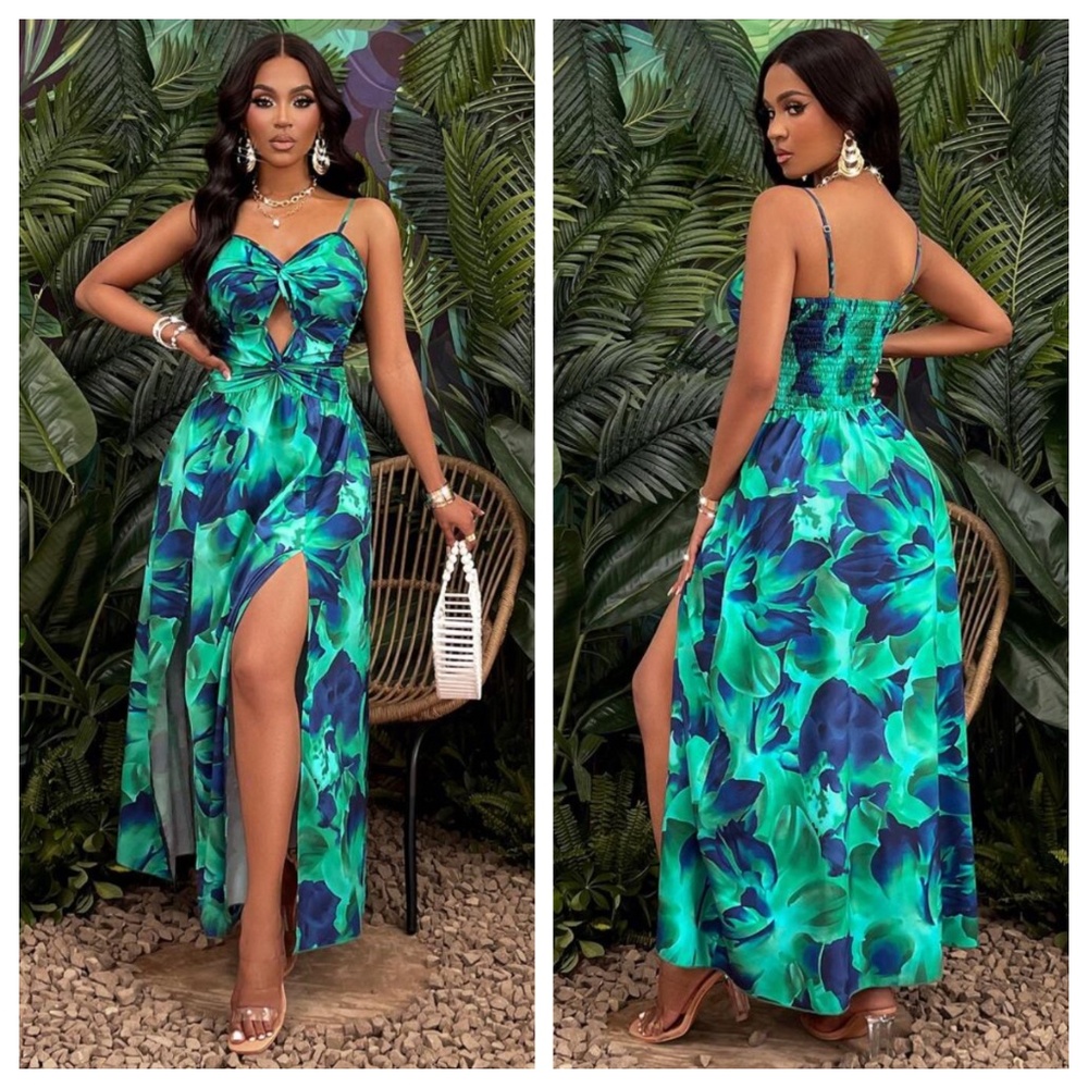 SHEIN Floral Front Twisted Knot High Slit Maxi Dress